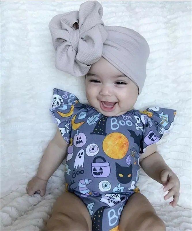 Goocheer 2019 Baby Newborn Boy Girl Infant Halloween Cartoon Print Jumpsuit Fly Sleeve Bodysuit Clothes Outfit Headband Costume