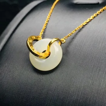 

Wonderful Natural White Hetian Jade + 18K Solid Gold Chinese Design Lucky Pendant Necklace For Women Men Fine Jewelry