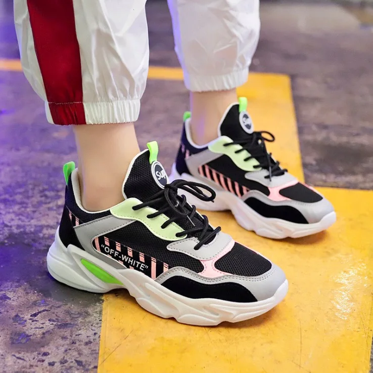 black green sneakers Женские кроссовки; коллекция года; Осенняя женская повседневная обувь из сетчатого материала; женская обувь на плоской платформе; дышащая Модная Белая обувь - Цвет: black green sneakers