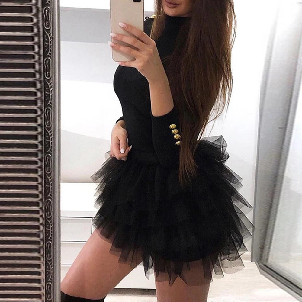 

Sexy Stitching Button Dress Elegant Ladies Long Sleeve Turtleneck Dress Spring Retro Gothic Casual Slim Party Club Mini Dress D3