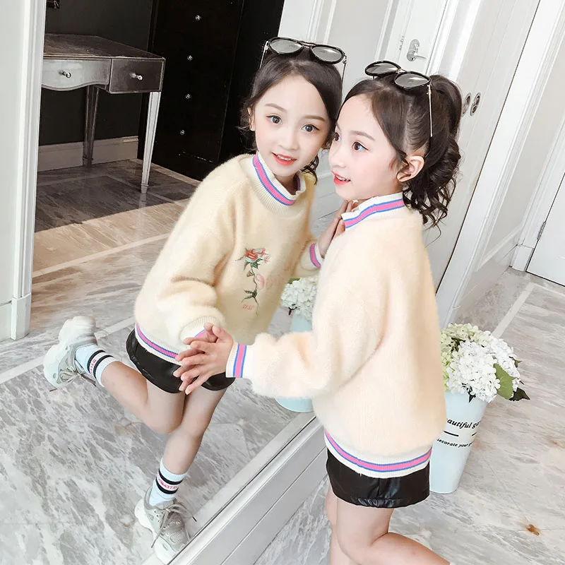 Beige Sweatshirt Свитер для девочек; коллекция года; Сезон Зима; roupas bluza dziewczynka; Двухслойный УТЕПЛЕННЫЙ ТОП из искусственного меха норки; модные рубашки с высоким воротником - Цвет: Beige Sweatshirt