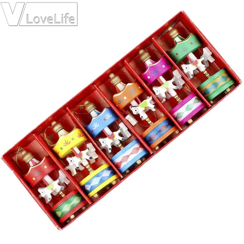 6Pcs Christmas Tree Ornaments Wood Carousel Horse New Year Gift Christmas Decoration Kids Toy