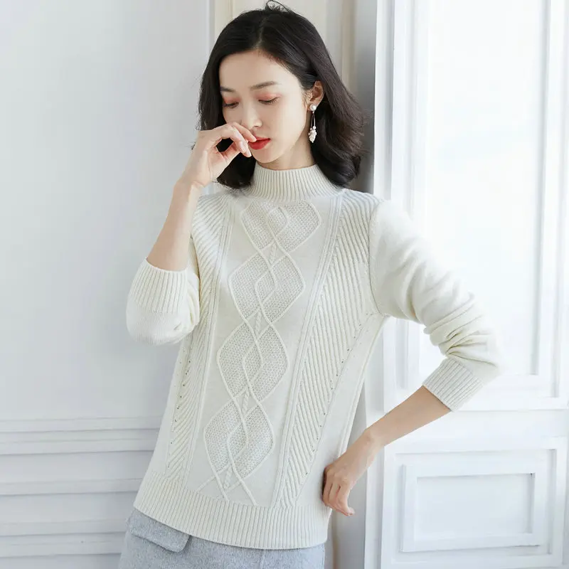 

Woman Elegant Wook Pullover Pure Colour Cashmere Sweater Winter Autumn Turtleneck Jacquard Knitwear Purple White Gray Camel Tops