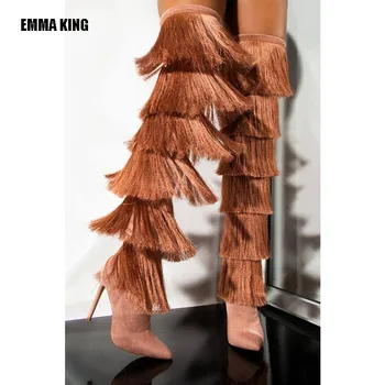

Women Sexy Tassel Thin High Long Boots Fashion Over the Knee Boots Lady Suede Catwalk High Heels Boots Pointed Toe High Heels