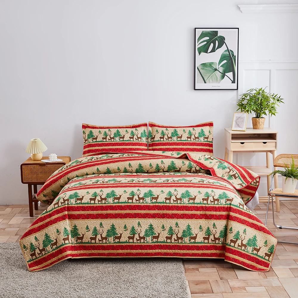 3PCS Quilt Sets King Bear Deer Bedspread Lightweight Red Black Bedding Sets Hone Decor Gift Bed Sheet  Reversible Coverlet Sets