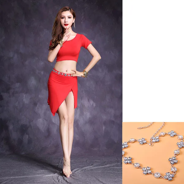 red 3 pcs set Набор костюма для танца живота женщин танец живота практическая одежда дамы Цыганский индийский рейв наряд Болливуд тренировочная одежда DC3548 - Цвет: red 3 pcs set