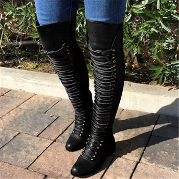 

Women's Classic Riding Boots Fashion Lace-Up Over the knee Boots Ladies Outdoor Pu Leather Side Zip Shoes Western Knight Booties