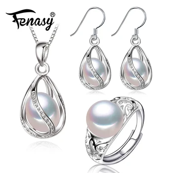 

FENASY 925 Sterling Silver Cage Pendant Pearl Jewelry Sets Natural Pearl Pendant Necklace Cage Earrings For Women Silver Ring