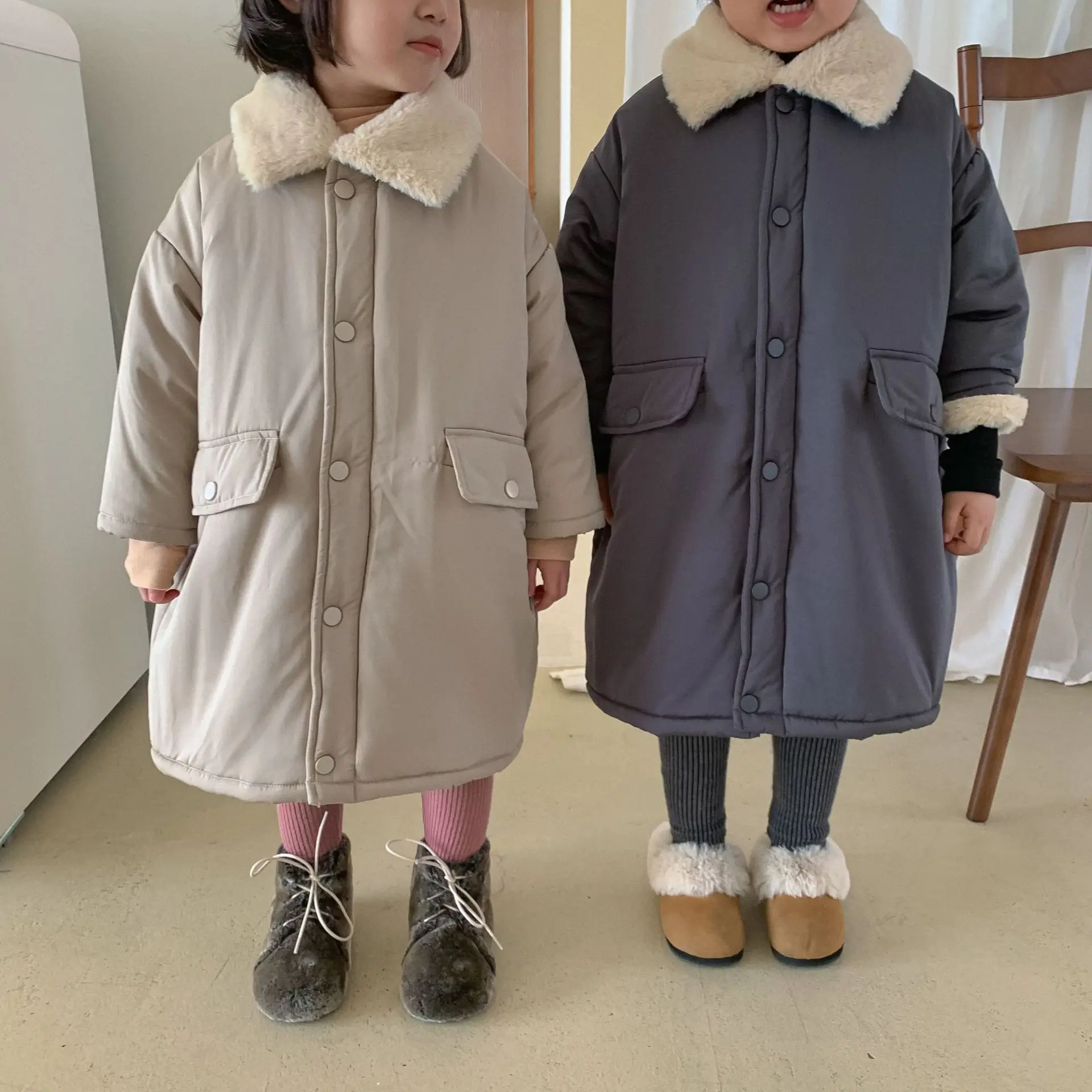 Korean Style Winter Children Cotton Padded Coats Solid Color Thicken Warm Parkas Imitation Rabbit Hair Kids Long Outerwear