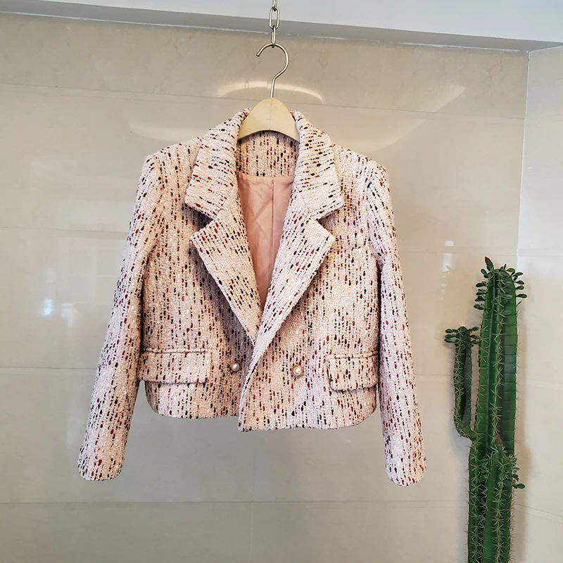 

Rainbow Striped Tweed Jackets Women Notched Cropped Coat Wool Long Sleeve Elegant Korean Autumn Vintage Jacket Pearl Button A359