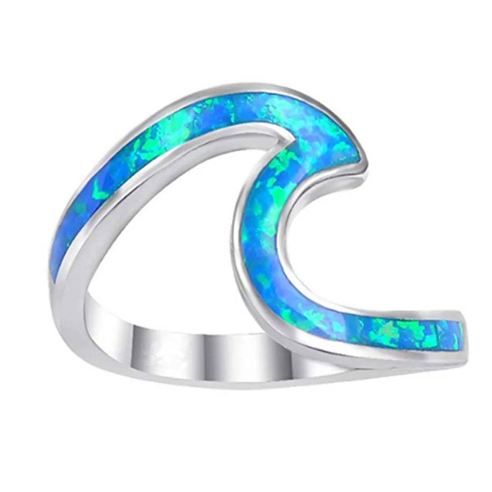 

Fashion Silver Filled Geometric Design Blue Fire Opal Wave Rings for Women Ocean Wire Ring Wedding Jewelry Christmas Gift
