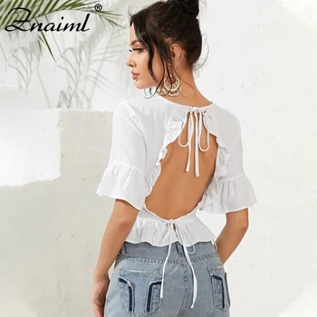 

Ruffle Backless Blouse Women Lace Up Feminine Blouse Shirt Female Elegant flare Sleeve Woman Blouses Summer Solid Ladies Top
