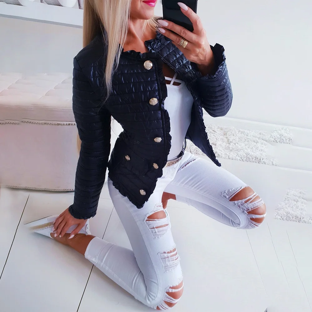 Beste Herfst Winter 2019 Nieuwe Vrouwen Uitloper Basic Jassen Vrouwelijke Winter Katoenen Jassen Zakken Slim Fit Zwart Mid Lengte Jassen d25