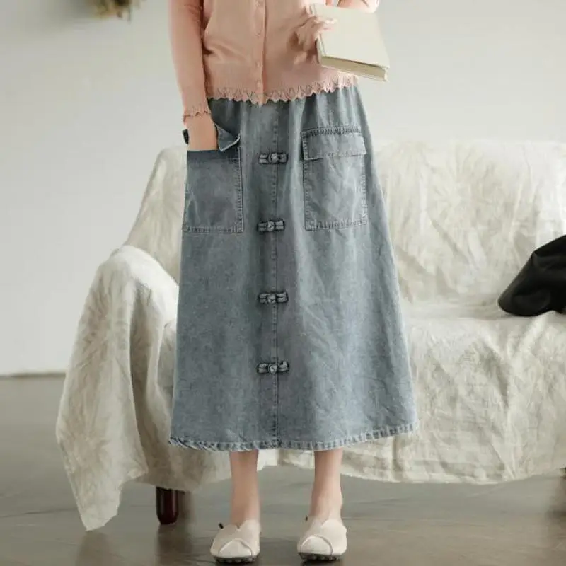 Women Skirt Casual Vintage Print Women Clothes 2019 New Autumn A-line Pockets Skirts Mid-calf Length Jeans Skirt Women Skirt Casual Vintage Print Women Clothes 2019 New Autumn A-line Pockets Skirts Mid-calf Length Jeans Skirt