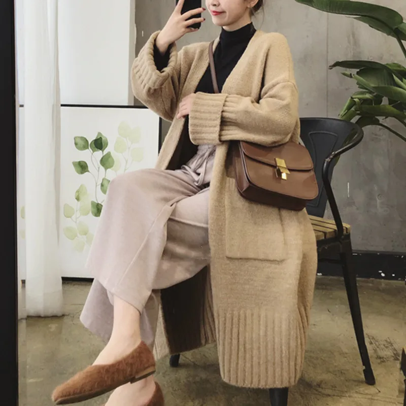 

2020 Autumn and Winter New Korean Women's Lazy Style Loose Thick Mid-length Knitted Cardigan Sweater Coat Women