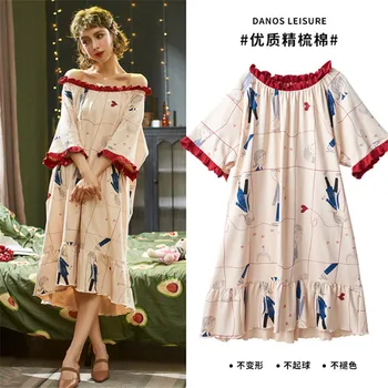 

Cute printed short-sleeved 100% cotton casual women's dress 2020 summer Japan and South Korea comfortable night skirt M-3XL