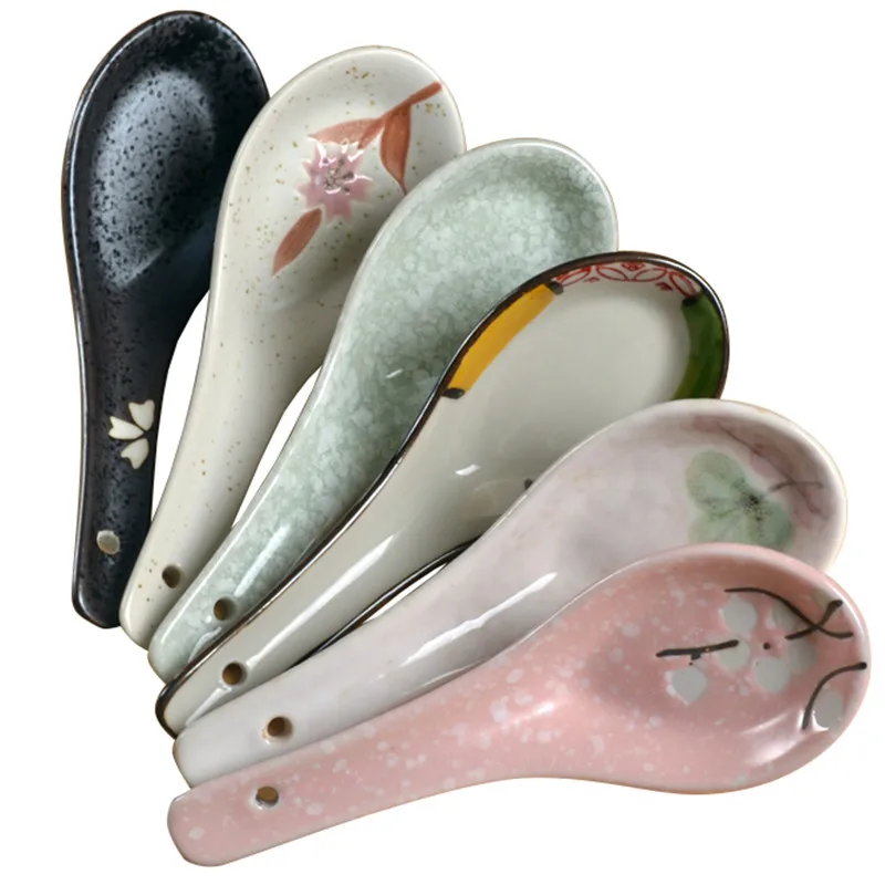 Soup Spoon Floral Coffee Milk Stirring Tableware Japanese Kitchen ceramic spoon set Cooking Utensil serving dessert spoons | Дом и сад
