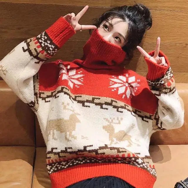 Christmas sweater female loose 2019 autumn and winter new elk net red wind hooded high collar long paragraph bottoming shirt | Женская