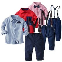 Хлопковый костюм с длинными рукавами и подвеской в виде галстука-бабочки для мальчиков, рубашка, штаны, брючный костюм, Детский Костюм Джентльмена для 2, 3, 4, 5, 6, 7, 8 лет