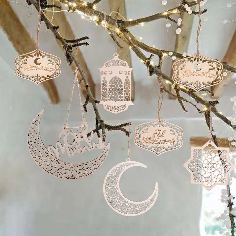 Wooden Eid Mubarak Pendant Hollow Decoration Ramadan Wood Hanging Accessories aa 