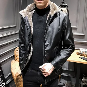 

Winter Men Pu Leather Coat Faux Leather Oversized Jacket Boys Thick Warm Hooded Faux Fur Collar Black Jacket Male Windbreaker