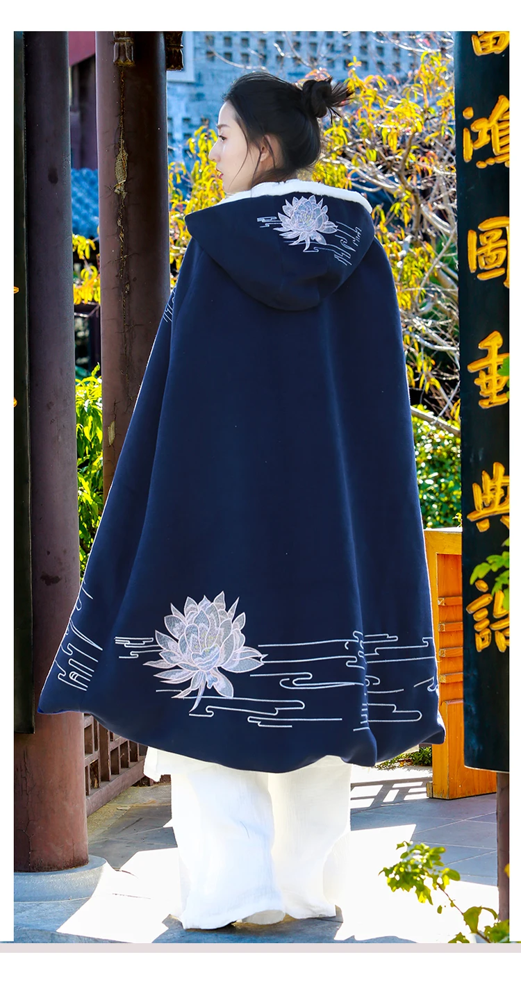 Вышитый плащ с капюшоном hanfu Китайский ретро костюм плащ осень зима утолщенная одежда двойной слой шерсть теплый костюм