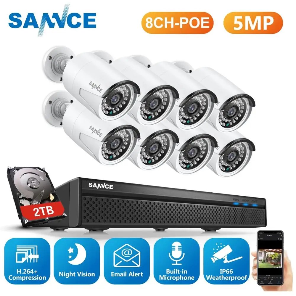 SANNCE-sistema de seguridad CCTV para exteriores, cámara IP impermeable con micrófono, Kit de grabación de Audio, 8 canales, POE, 5MP, NVR, 2MP, IR, Kit de videovigilancia