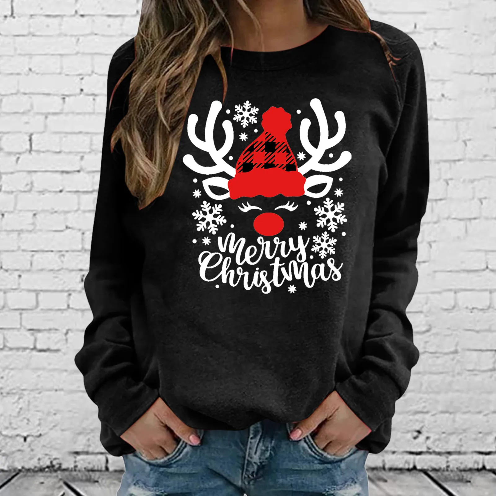 Merry Christmas Top Fashion Women's Clothing Casual Long Sleeve O-Neck Christmas Deer Print Sweatshirt Ladies Pullover Tops New 2