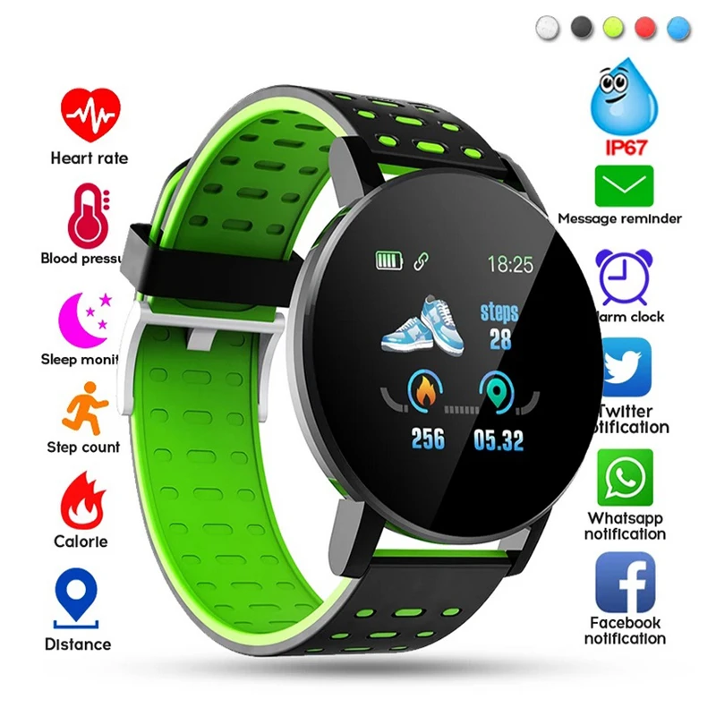 119 Plus Round Smart Watch Blood Pressure Heart Rate Monitor Sport Waterproof Fitness Tracker For Android IOS Fit Men Women Kid