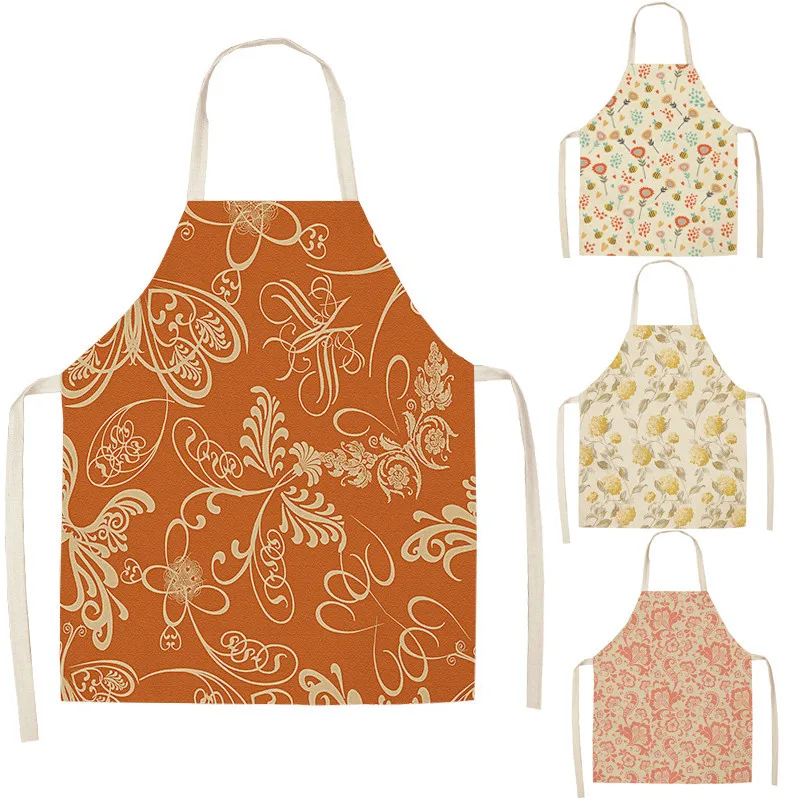 

High-Quality Floral Pattern Kitchen Aprons Woman Adult Kids Cotton Linen Bibs Home Cooking BBQ Apron Cleaning Accessory