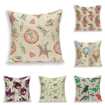 

Flowers Cushion Cover Girl Alpaca Decoration Pillows Case Linen Dinosaur Cushions Covers Plant Sofa Bed Pillow Cases