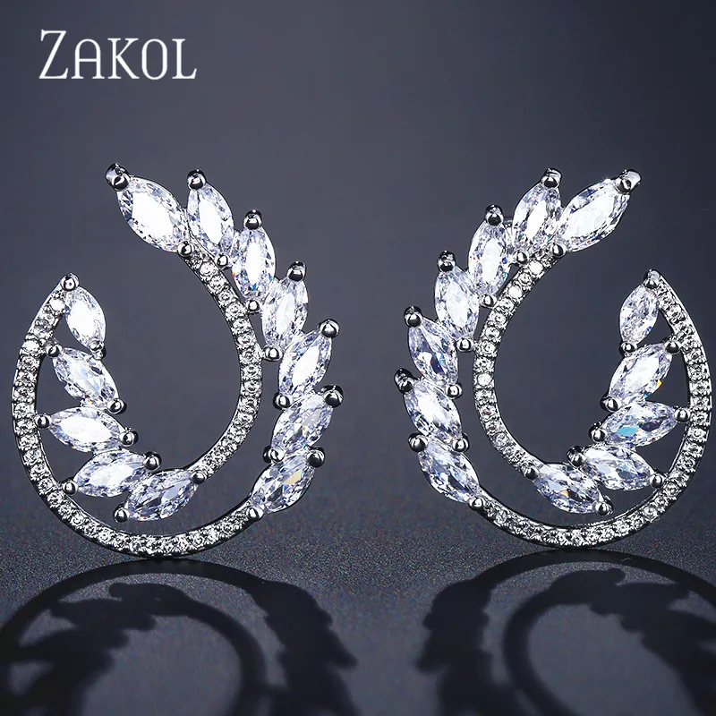 Модные синие серьги-гвоздики с фианитами и кристаллами ZAKOL для женщин, модные свадебные украшения в виде листьев FSEP2149 - Окраска металла: White