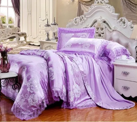 

Jacquard Bedding set Luxury Satin duvet cover Purple Lilac Pink White Lace bed sheet sheets linen King Queen size bed in a bag