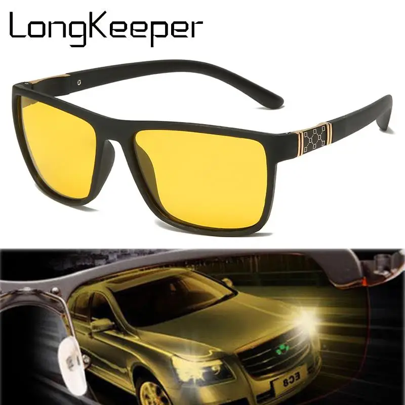 

LongKeeper Night Vision Driver Sunglasses Men Polarized Sun Glasses Yellow TR90 Frame Square Eyewear Car Driving Goggles UV400