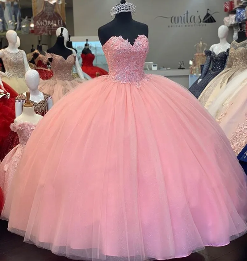 ANGELSBRIDEP Pink Ball Gown Quinceanera Dresses Vestidos De 15 Anos Applique Beaded Tulle Formal Princess Birthday Party Gowns