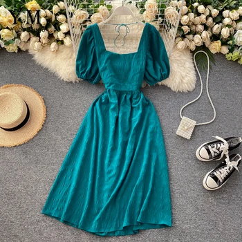 

YuooMuoo Vintage Square Collar Elegant Party Dress Women Slim High Waist Hollow Out Backless Midi Dress Fashion Ladies Dresses
