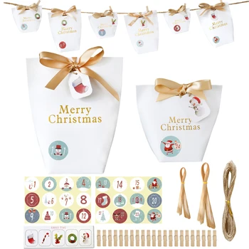 

24sets Advent Calendar Merry Christmas Paper Bag Gift Pack Holiday Count Down Packing idea with Stickers Party Snak Treat Bag