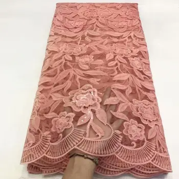 

latest peach-colored African embroidered tulle fabric 2020 high quality French milk silk lace fabric with 3D sequins in 5 yards