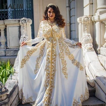 

YALIN 2022 White Moroccan Caftan Evening Dresses Gold Applique Special Occasion Formal Gowns Long Sleeves Robe De Soirée