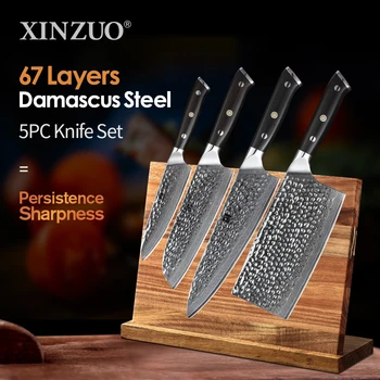 

XINZUO 5-piece Kitchen Knife with Stand Damascus Steel Razor Sharp Blade with Ebony Wood Handle Knife Kitchen Accessories