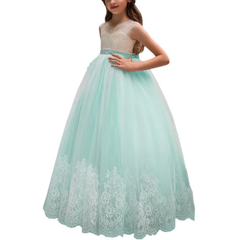 Кружевное вечернее платье с аппликацией, свадебное платье принцессы с цветочным узором для девочек длинное платье для девочек пышная детская одежда, костюм WGX-10596