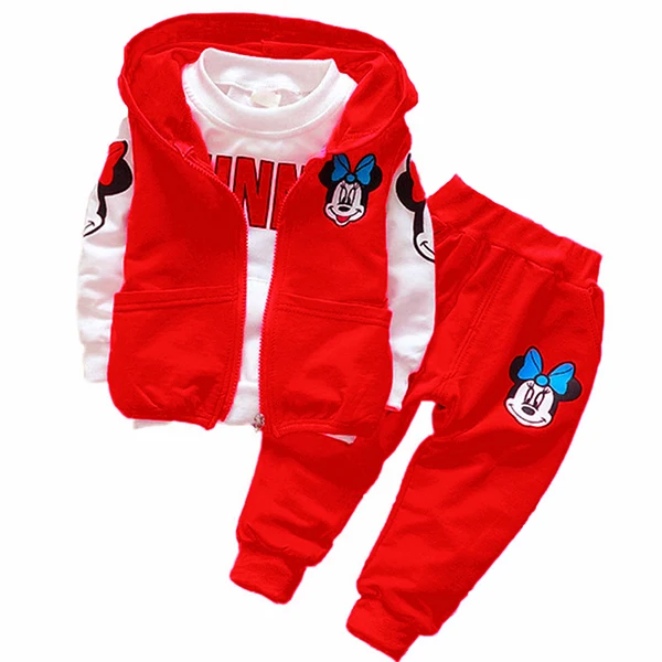 Комплекты одежды для маленьких девочек с Минни, осенне-весенняя куртка с капюшоном, жилет+ футболка+ штаны, комплекты из 3 предметов, милый спортивный костюм, одежда для девочек - Цвет: Red