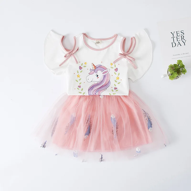 5 шт., модное платье с единорогом для девочек, детская одежда детские кружевные платья костюм для маленьких девочек летнее платье принцессы с короткими рукавами