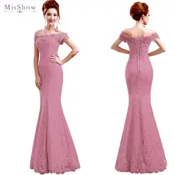 2019 Бледно-розовый длинное вечернее платье вечерние Для женщин кружева платье-Русалка с вырезом лодочкой вечернее платье с бусинами