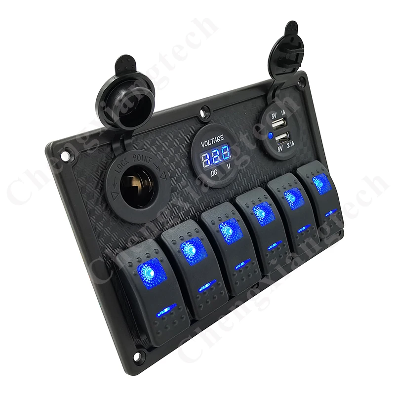 Blue Led 6 Gang Rocker Switch Panel & 12v Cigarette Power & Voltmeter