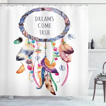 

Feather Shower Curtain Dream Catcher Illustration Bohemian Style Image Bathroom Decor Set with Hooks 70" Long Blue