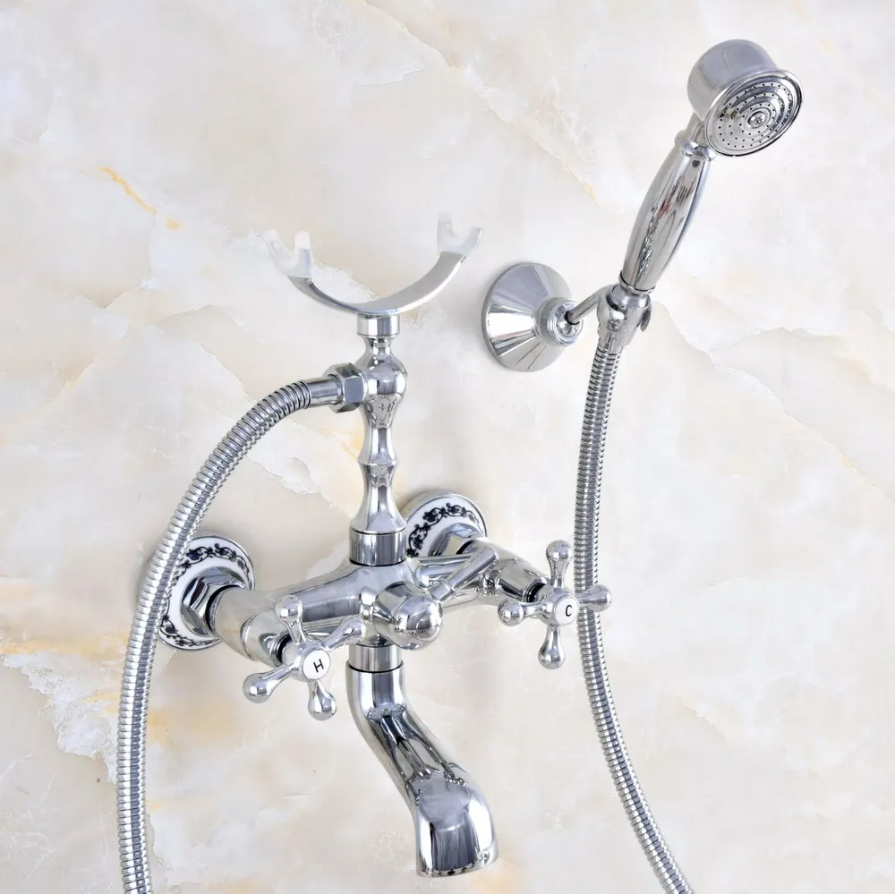 

Polished Chrome Brass Wall Mounted Bathroom Tub Faucet Set WITH/ 1.5M Handheld Shower Spray Head Mixer Tap Dna717