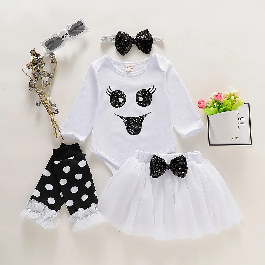 

Infant Baby Halloween Romper Bodysuit+Tulle Skirts+Headband+Leg Warmers Outfits Baby Girl Dress bodysuit Newborn Clothes Bebe