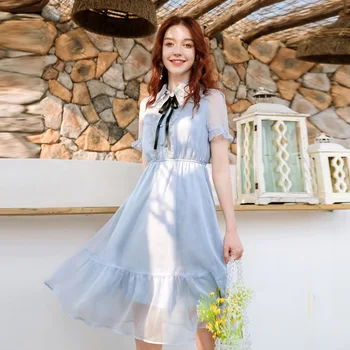 

Summer 2020 New Cute Peter Pan Collar Lace Ruffles Chiffon Dress Women Short Sleeve Bows Sweet Dress