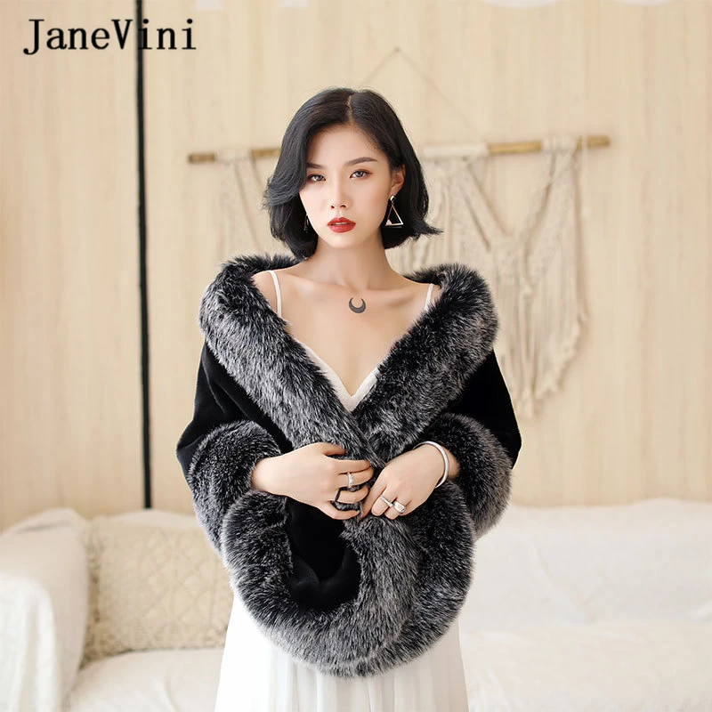 

JaneVini 2020 High Quality Black Bridal Faux Fur Bolero Shawls Outerwear Shrugs New Women Winter Warm Cape Wedding Evening Wraps